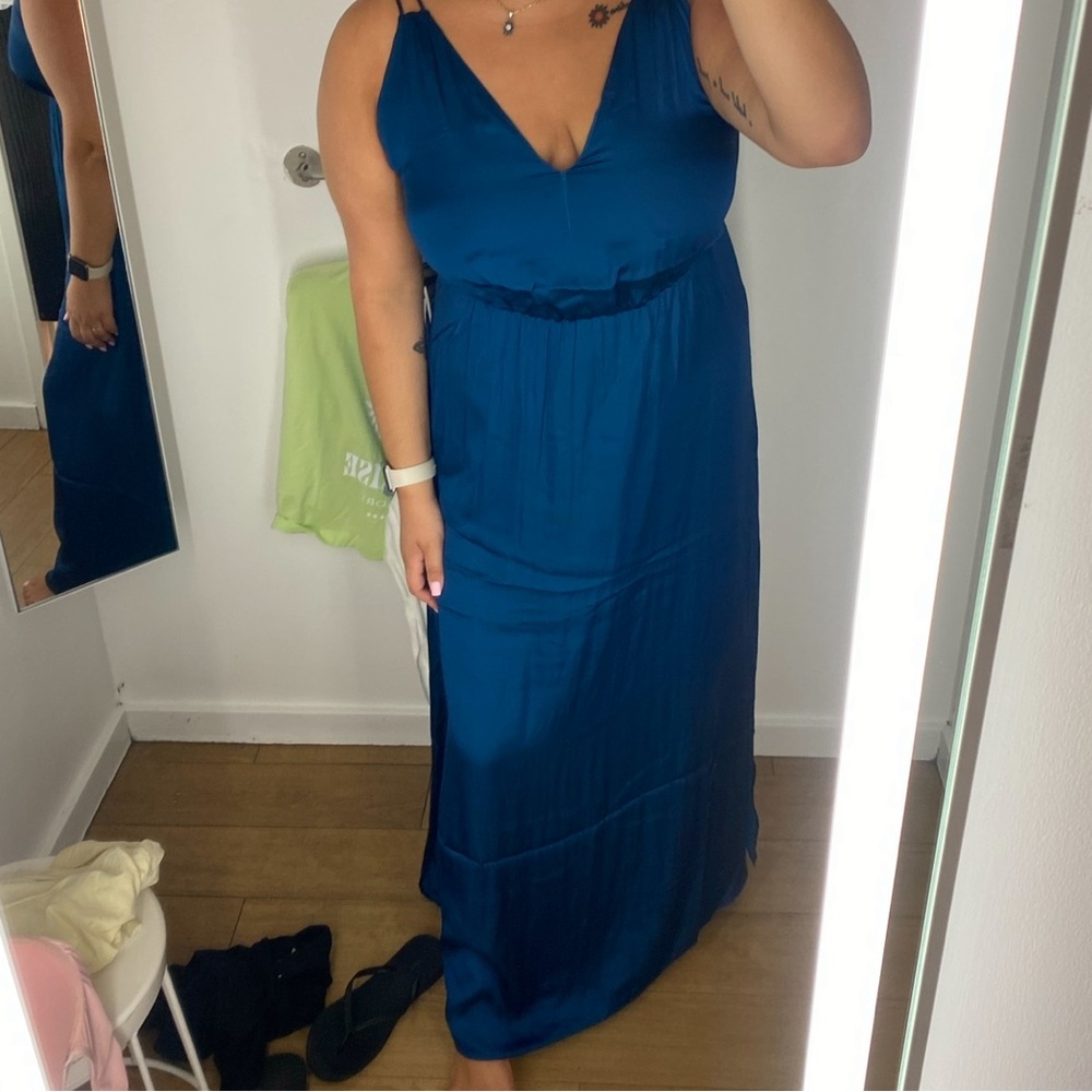 H&M Blue Ruched Maxi Gown for Wedding Guest
